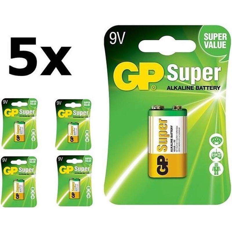 Foto van 5 stuks (5 blister a 1st) gp super alkaline 6lr61/9v batterij