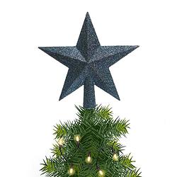 Foto van Kunststof piek kerst ster donkerblauw met glitters h19 cm - kerstboompieken