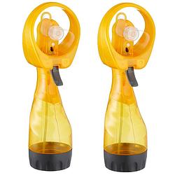 Foto van Cepewa ventilator/waterverstuiver voor in je hand - 2x - verkoeling in zomer - 25 cm - geel - handventilatoren
