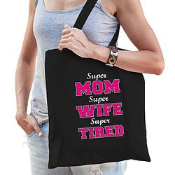 Foto van Super mom wife tired katoenen moeder cadeau tasje zwart voor dames - feest boodschappentassen