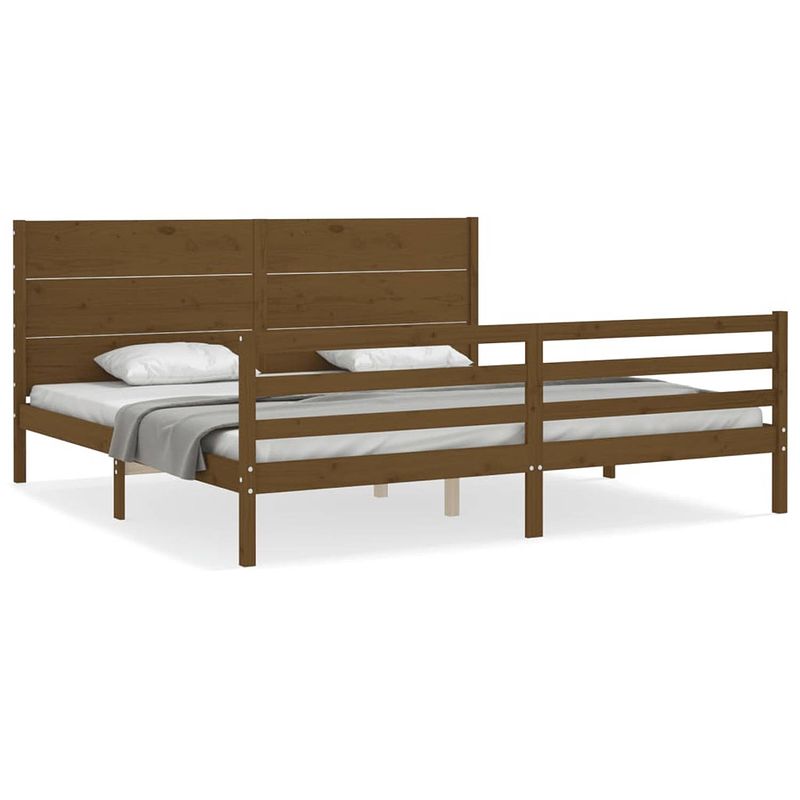 Foto van The living store massief grenenhouten bedframe - honingbruin - 205.5 x 185.5 x 100 cm - multiplex lattenbodem