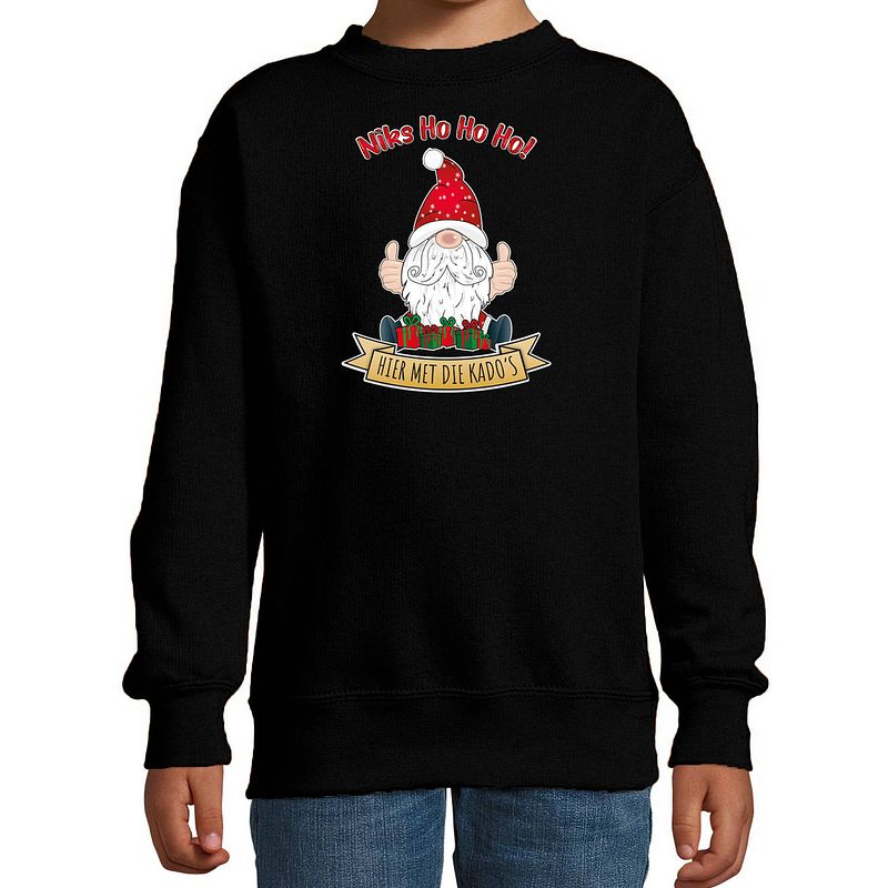 Foto van Bellatio decorations kersttrui/sweater voor kinderen - kado gnoom - zwart - kerst kabouter 9-11 jaar (134/146) - kerst t