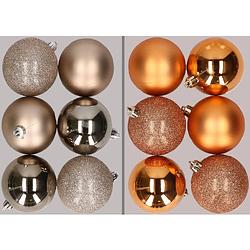 Foto van 12x stuks kunststof kerstballen mix van champagne en koper 8 cm - kerstbal