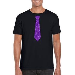 Foto van Toppers zwart fun t-shirt stropdas met paarse glitters heren 2xl - feestshirts