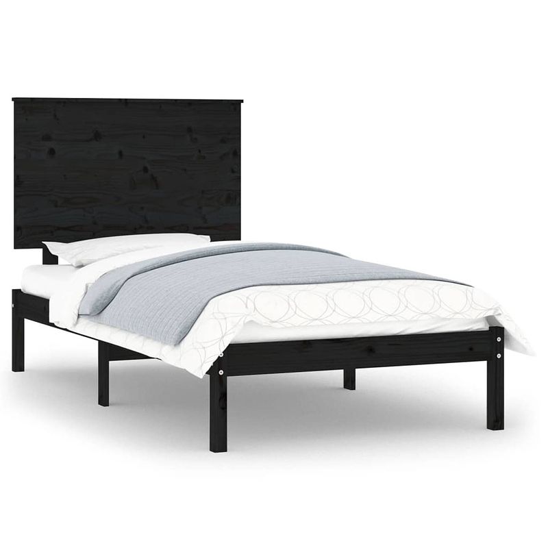 Foto van The living store bedframe massief grenenhout - zwart - 195.5 x 95.5 x 93.5 cm - met stevige lattenbodem