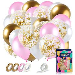 Foto van Fissaly® 40 stuks goud, creme wit, roze & papieren confetti goud latex ballonnen met accessoires - helium - decoratie