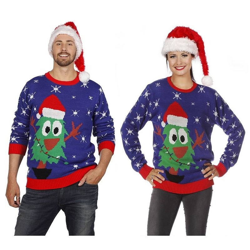 Foto van Blauwe kerst sweater met kerstboom voor volwassenen 48 (s) - kerst truien