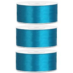 Foto van 3x hobby/decoratie turquoise satijnen sierlinten 2,5 cm/25 mm x 25 meter - cadeaulinten