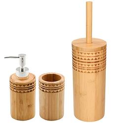 Foto van Wc/toiletborstel met houder 24 cm en zeeppompje/beker bamboe hout - toiletborstels