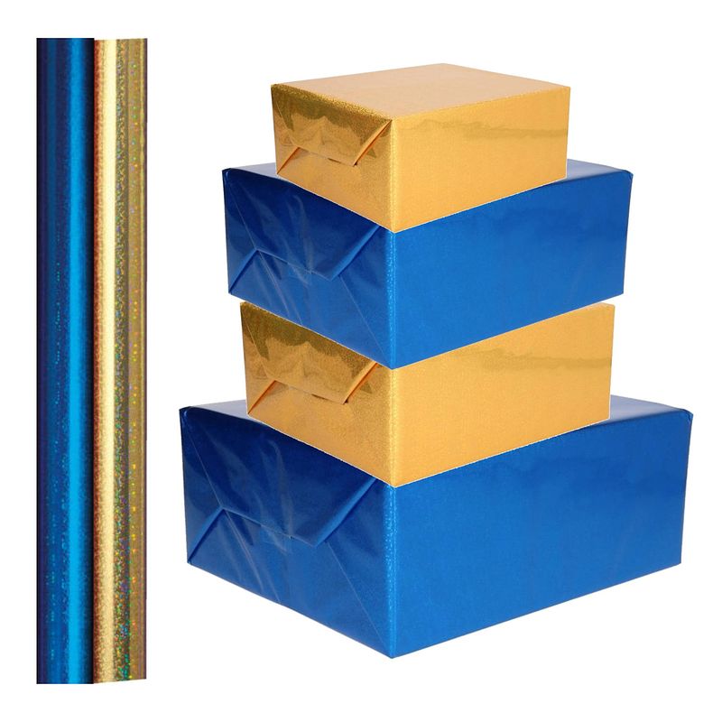 Foto van 4x stuks rollen holografische metallic hobbyfolie/cadeaupapier 70 x 150 cm goud en blauw - hobbypapier