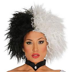 Foto van Cruella verkleed pruik zwart/wit voor dames - horror/halloween verkleed accessoire