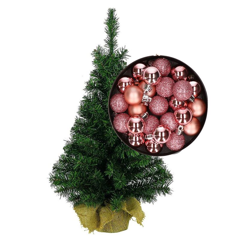 Foto van Mini kerstboom/kunst kerstboom h75 cm inclusief kerstballen roze - kunstkerstboom