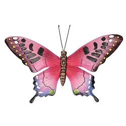 Foto van Roze/zwarte metalen tuindecoratie vlinder 37 cm - tuinbeelden