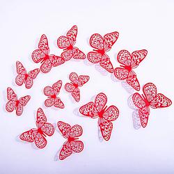 Foto van Cake topper decoratie vlinders of muur decoratie met plakkers 12 stuks rood - 3d vlinders - vl-03