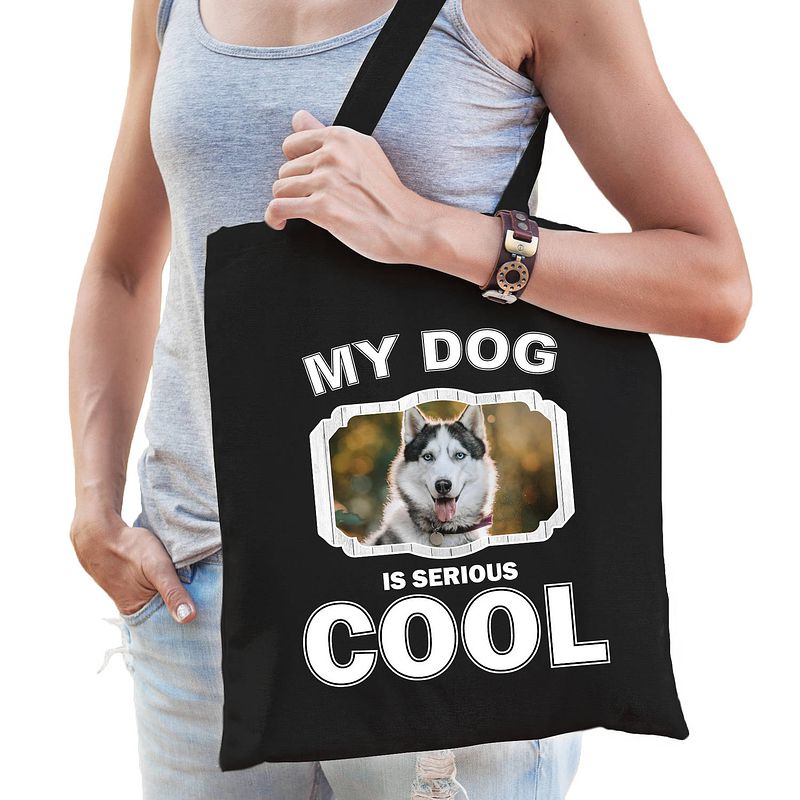 Foto van Katoenen tasje my dog is serious cool zwart - husky honden cadeau tas - feest boodschappentassen