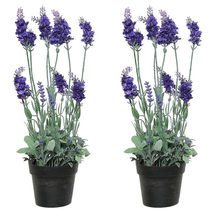 Foto van 2x stuks lavendel kunstplant in pot - paars - d18 x h38 cm - kunstplanten