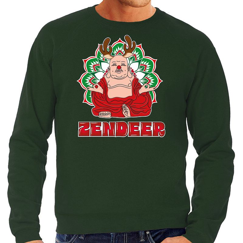 Foto van Bellatio decorations foute kersttrui/sweater voor heren - zendeer buddha - groen - rendier - boeddha xl - kerst truien