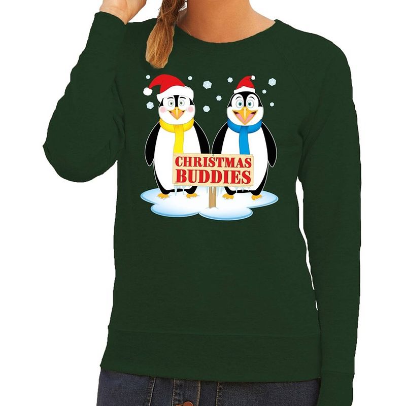 Foto van Foute kersttrui / sweater pinguin vriendjes groen voor dames - kersttruien xs (34)