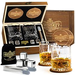 Foto van Whisiskey luxe whiskey set - incl. 2 whiskey glazen, 4 rvs whiskey stones, 2 onderzetters, fluwelen opbergzak, opbergbox