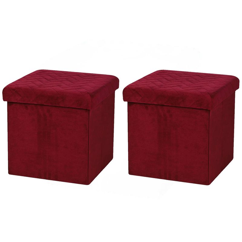 Foto van Urban living poef/hocker - 2x - opbergbox zit krukje - velvet rood - polyester/mdf - 38 x 38 cm - opvouwbaar - poefs