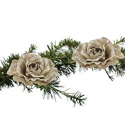 Foto van 2x stuks kerstboom bloemen roos champagne glitter op clip 10 cm - kunstbloemen