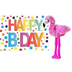 Foto van Pluche knuffel flamingo 20 cm met a5-size happy birthday wenskaart - vogel knuffels
