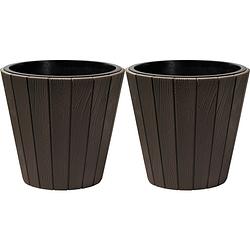 Foto van Prosperplast plantenpot/bloempot wood style - 2x - buiten/binnen - kunststof - donkerbruin - d35 x h32 cm - plantenpotte