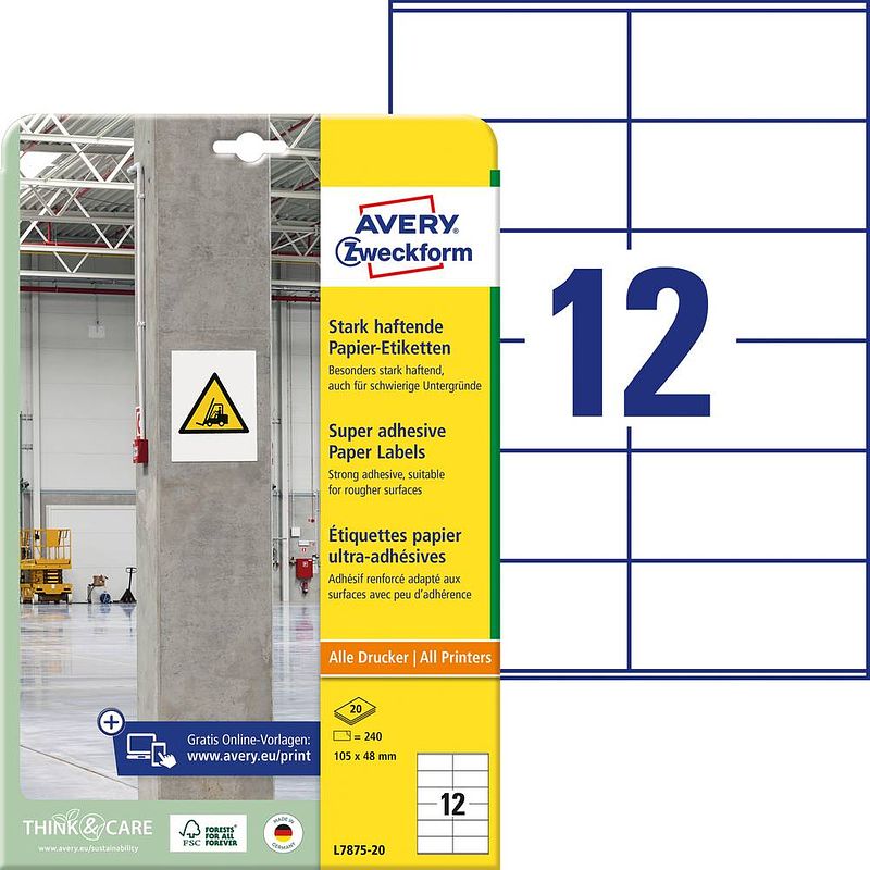 Foto van Avery-zweckform l7875-20 ( 105 x 48 mm, wit, 240 stuk(s), permanent, sterk hechtend