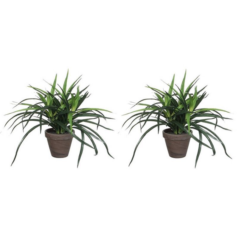 Foto van 2x groene dracaena kunstplant 34 cm in bruine plastic pot - kunstplanten/nepplanten 2 stuks