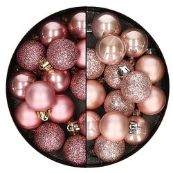 Foto van 28x stuks kleine kunststof kerstballen oudroze en lichtroze 3 cm - kerstbal