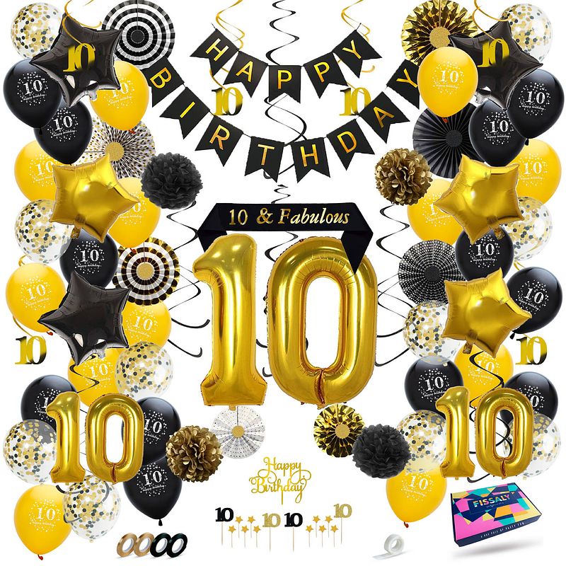 Foto van Fissaly® 10 jaar verjaardag decoratie versiering - ballonnen - jongen & meisje - zwart en goud