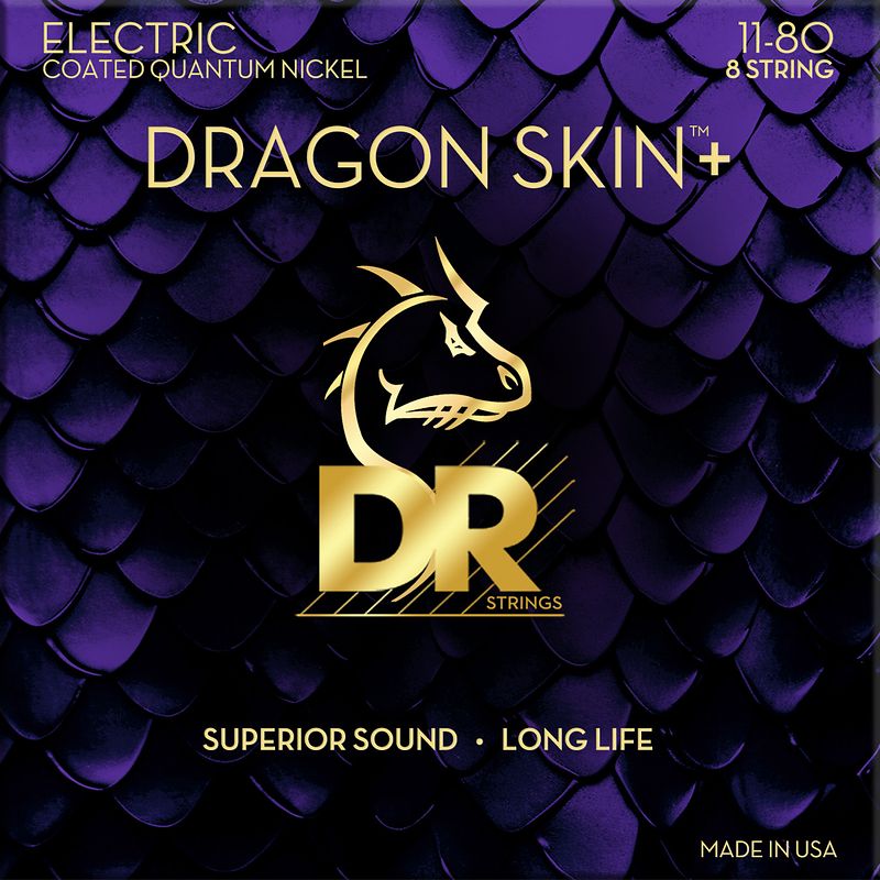 Foto van Dr strings dragon skin+ coated electric guitar strings heavy 11-80 voor 8-snarige elektrische gitaar