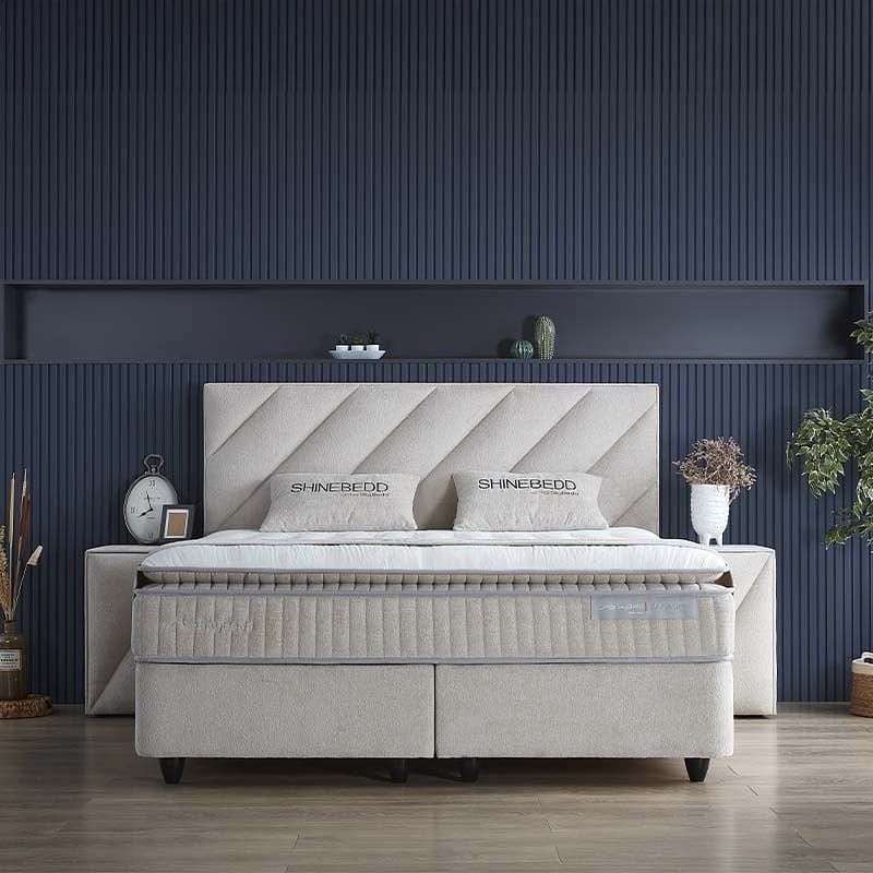 Foto van 2-persoons boxspring met opbergruimte - shinebedd - beige 180x200 cm - pocketveringen - inclusief topper - dekbed-discounter.nl