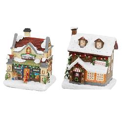 Foto van Set van 2x stuks kerstdorp kersthuisjes bakkerij en speelgoedwinkel met verlichting 12,5 cm - kerstdorpen