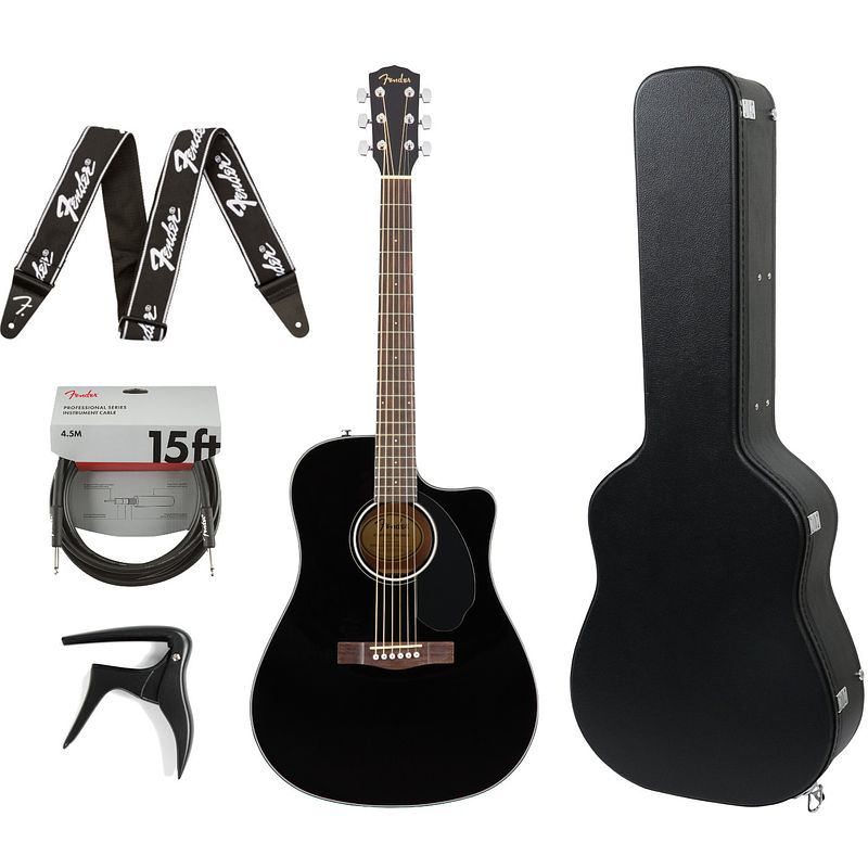 Foto van Fender cd-60sce black elektrisch-akoestische westerngitaar + koffer + accessoires