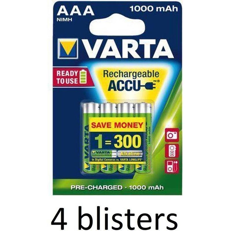 Foto van 16 stuks(4 blisters a 4 st) varta aaa oplaadbare batterijen - 1000mah