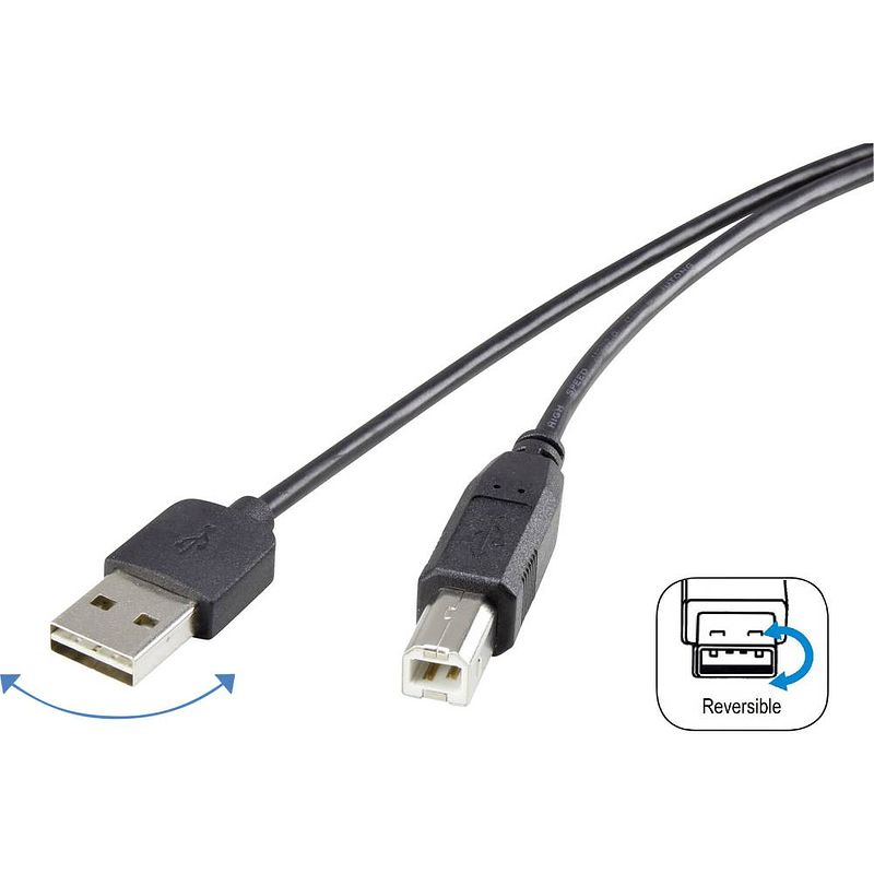 Foto van Renkforce usb-kabel usb 2.0 usb-a stekker, usb-b stekker 1.80 m zwart stekker past op beide manieren, vergulde steekcontacten rf-4078644