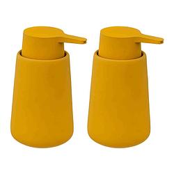 Foto van 2x stuks zeeppompjes/zeepdispensers van keramiek - mosterd geel - 250 ml - zeeppompjes