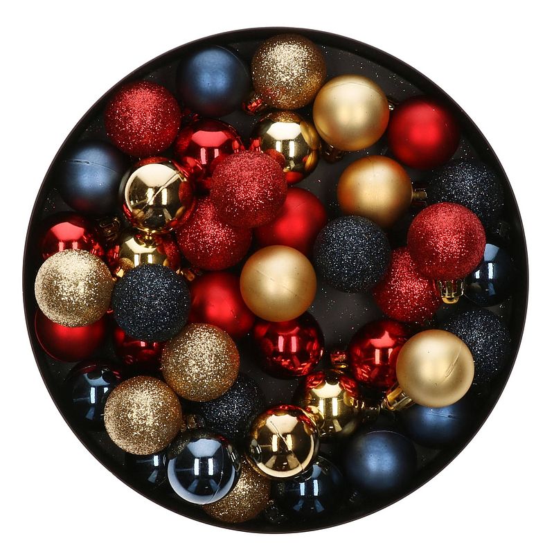 Foto van 42x stuks kunststof kerstballen mix rood/goud/donkerblauw 3 cm - kerstbal