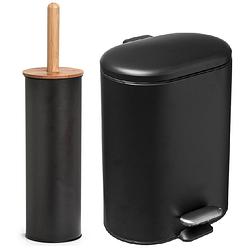 Foto van Badkamer/toilet set - wc-borstel en pedaalemmer 6l - metaal/ bamboe - zwart - toiletborstels