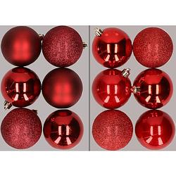 Foto van 12x stuks kunststof kerstballen mix van donkerrood en rood 8 cm - kerstbal