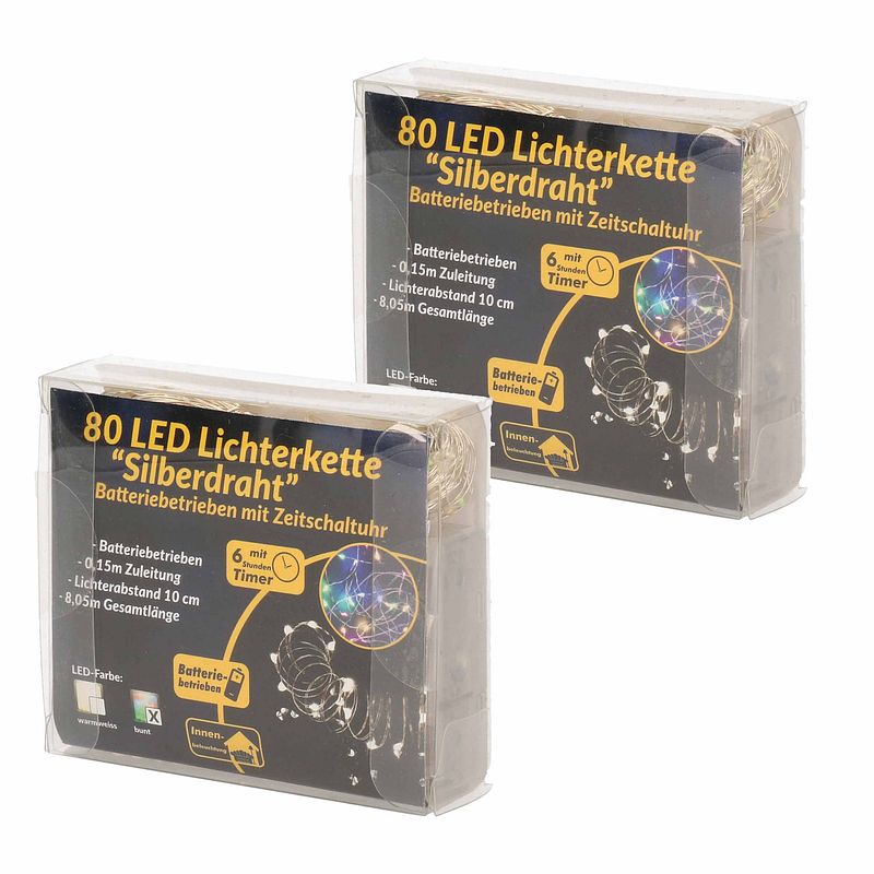 Foto van 2x draadverlichting zilver met gekleurde led lampjes 8 meter op batterijen met timer - lichtsnoeren