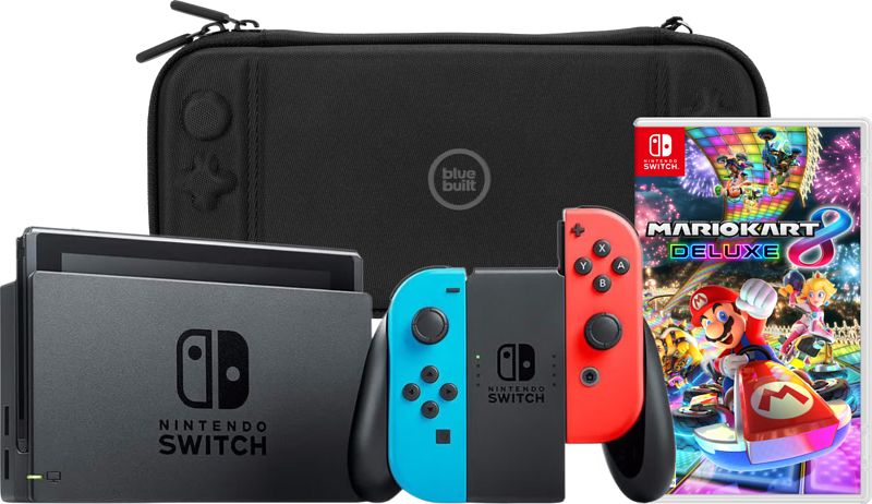 Foto van Nintendo switch rood/blauw + mario kart 8 deluxe + bluebuilt travel case