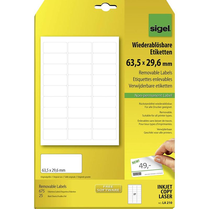 Foto van Sigel la210 etiketten 63.5 x 29.6 mm papier wit 675 stuk(s) weer verwijderbaar universele etiketten 25 vel din a4