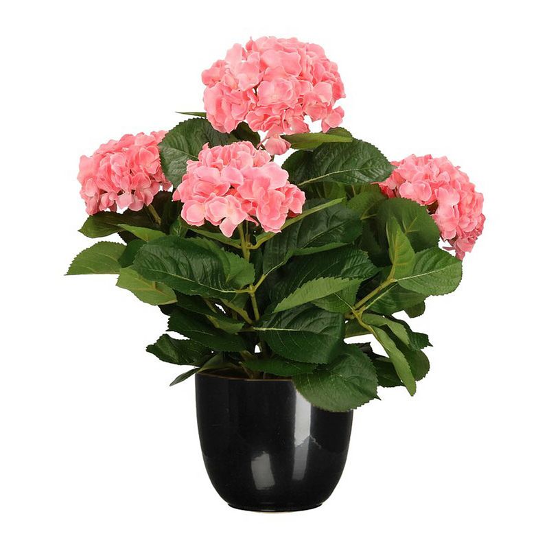 Foto van Hortensia kunstplant/kunstbloemen 45 cm - roze - in pot zwart glans - kunstplanten