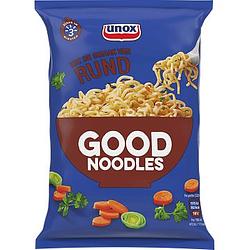 Foto van 2 zakken soep a 570 ml, pakken cupasoup a 3 stuks of single verpakkingen noodles of pasta | unox good noodles rund 63g aanbieding bij jumbo