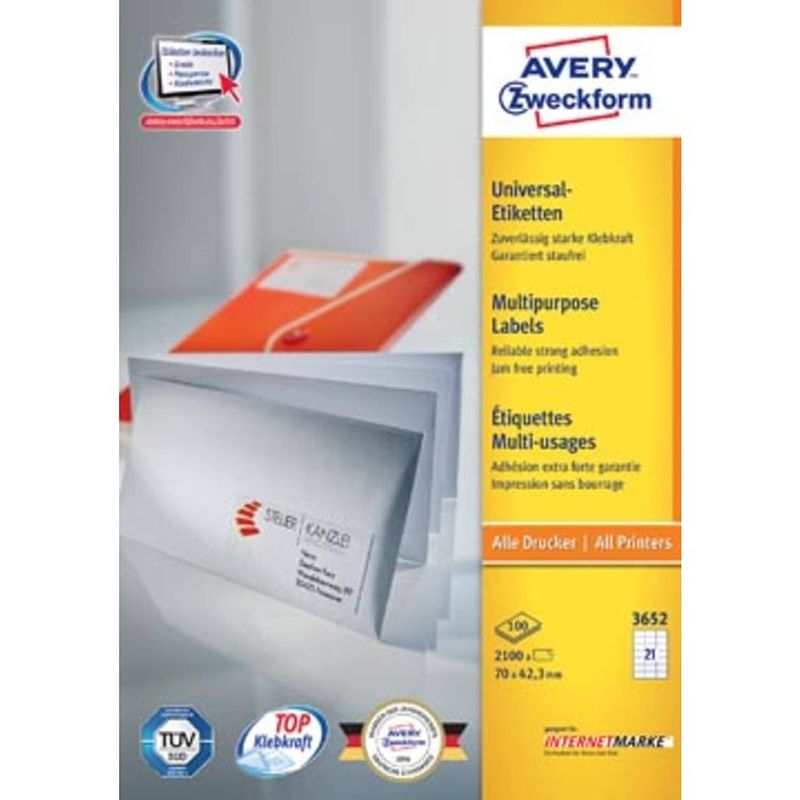 Foto van Avery witte etiketten quickpeel ft 70 x 42,3 mm (b x h), 2.100 stuks, 21 per blad, doos van 100 blad