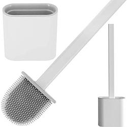 Foto van Ruhhy siliconen wc borstel wit / grijs toiletborstel met houder + gratis ophang sticker