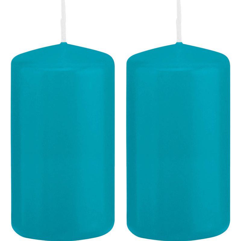 Foto van 2x kaarsen turquoise blauw 6 x 12 cm 40 branduren sfeerkaarsen - stompkaarsen