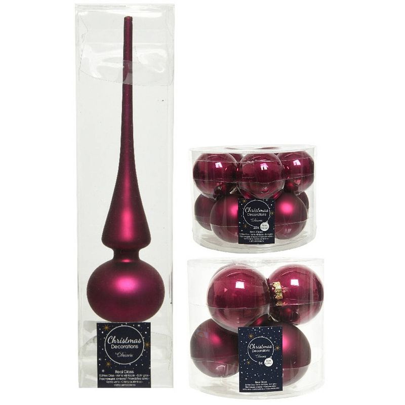 Foto van Glazen kerstballen pakket framboos roze glans/mat 32x stuks inclusief piek mat - kerstbal